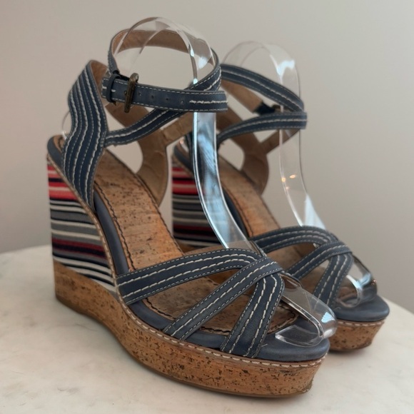 Splendid Kayla Rainbow Striped Blue Leather Boho Espadrille Wedge Sandals Size 8 - Picture 6 of 9